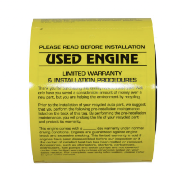 'Used Engine' Pre Installation Tags - 4" X 5-1/2" - 250 Tags/Box